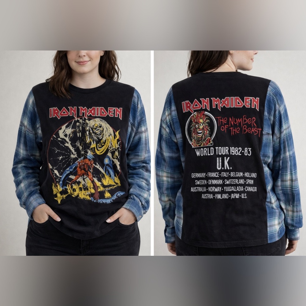 Custom Upcycled IRON MAIDEN Number of the Beast Flannel Pullover Graphic Top OS